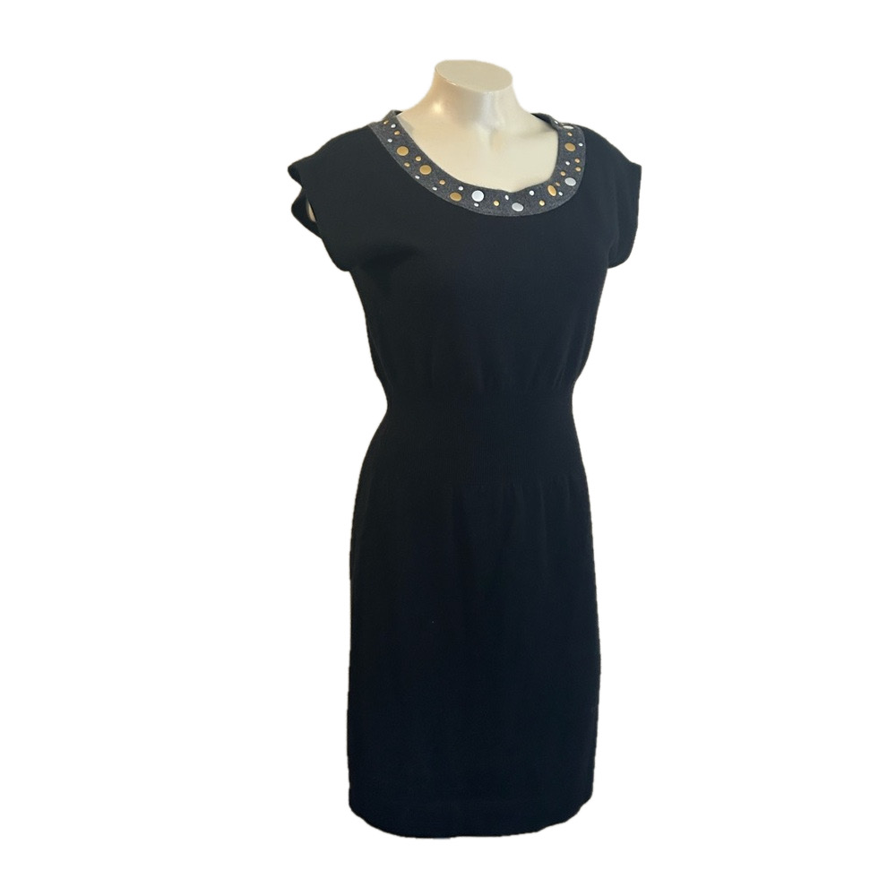 Sutton Cashmere Black Sheath Embellished Crew Neck dress XS